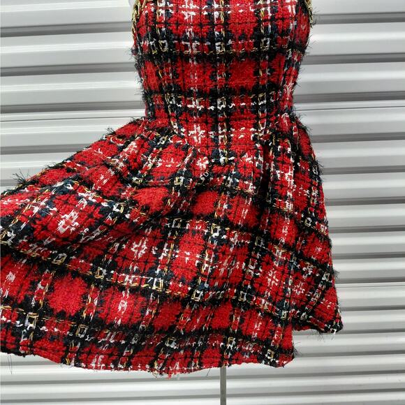 L’Atiste Womens Short Dress Medium Red Black Plaid Tweed Y2K Retro Holiday Party - Picture 3 of 10